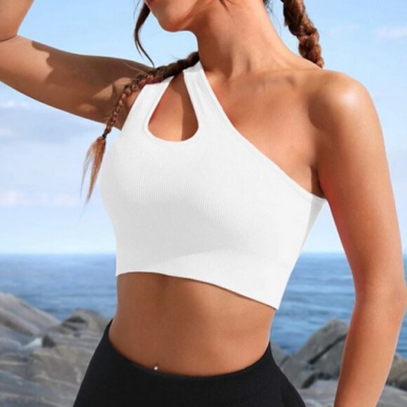 One Shoulder Cut Out Crop Sports Bra athleisure active white - Picture 3 of 5